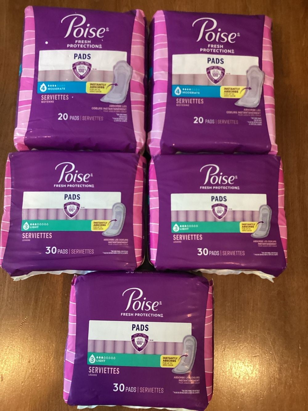 Poise pads bundle of 5 packages unopened moderate and light protection